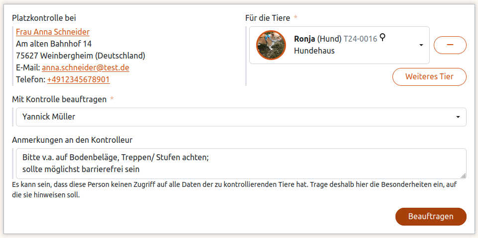 Platzkontrolle beauftragen in der Anigu Tierverwaltung